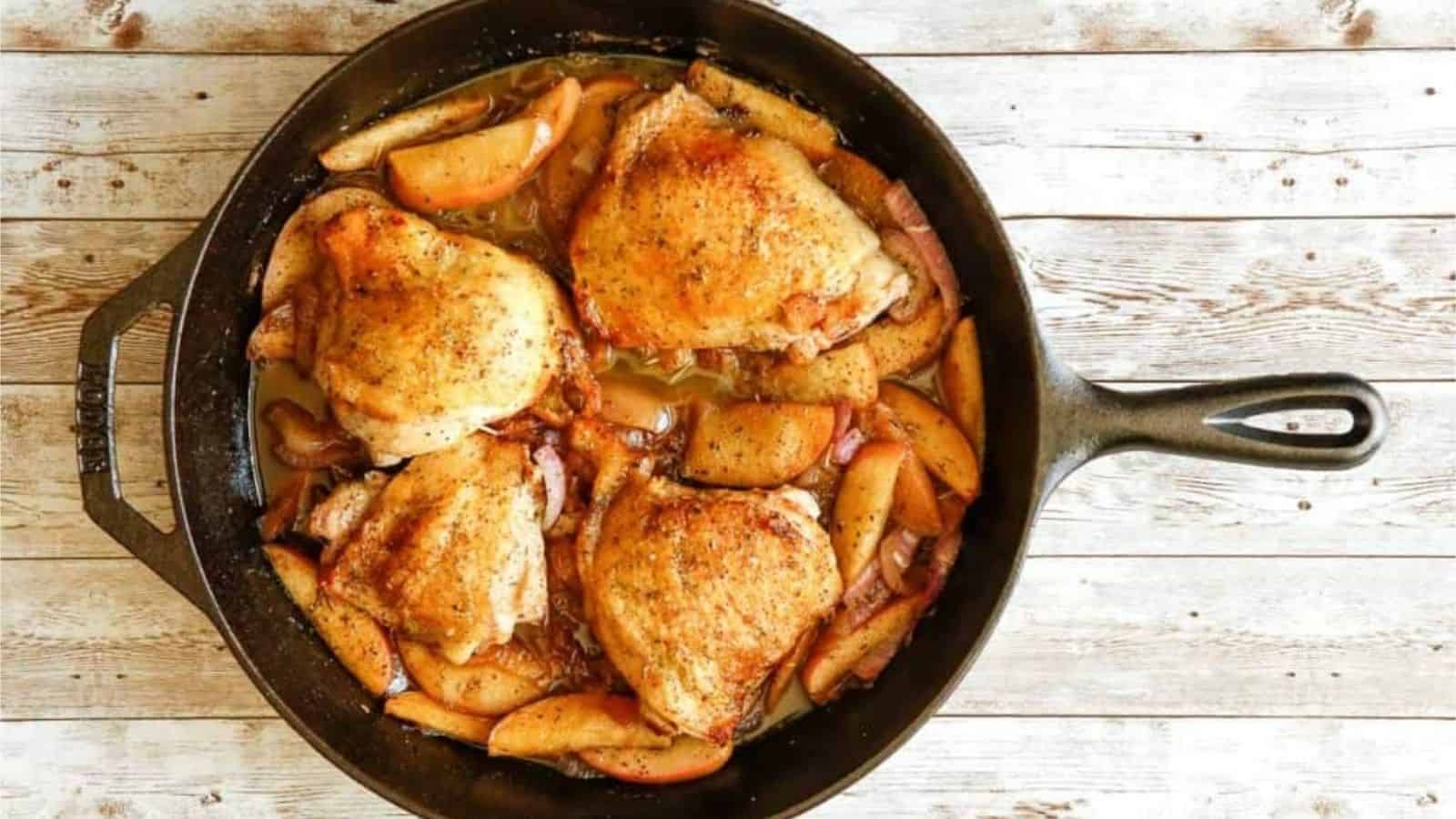 Overhead image of apple cider chicken skillet.