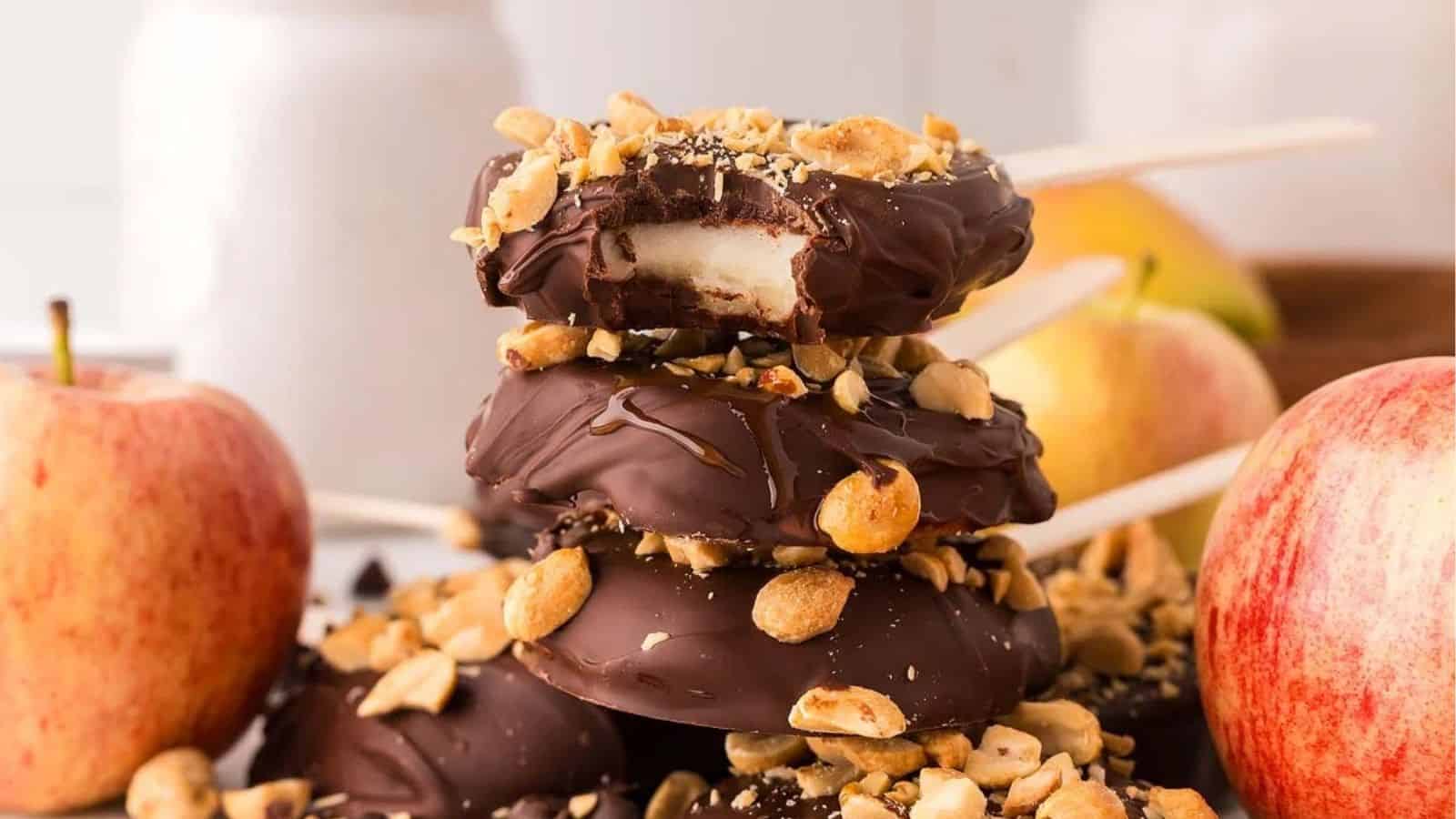 Close-up image of chocolate caramel apple pops.
