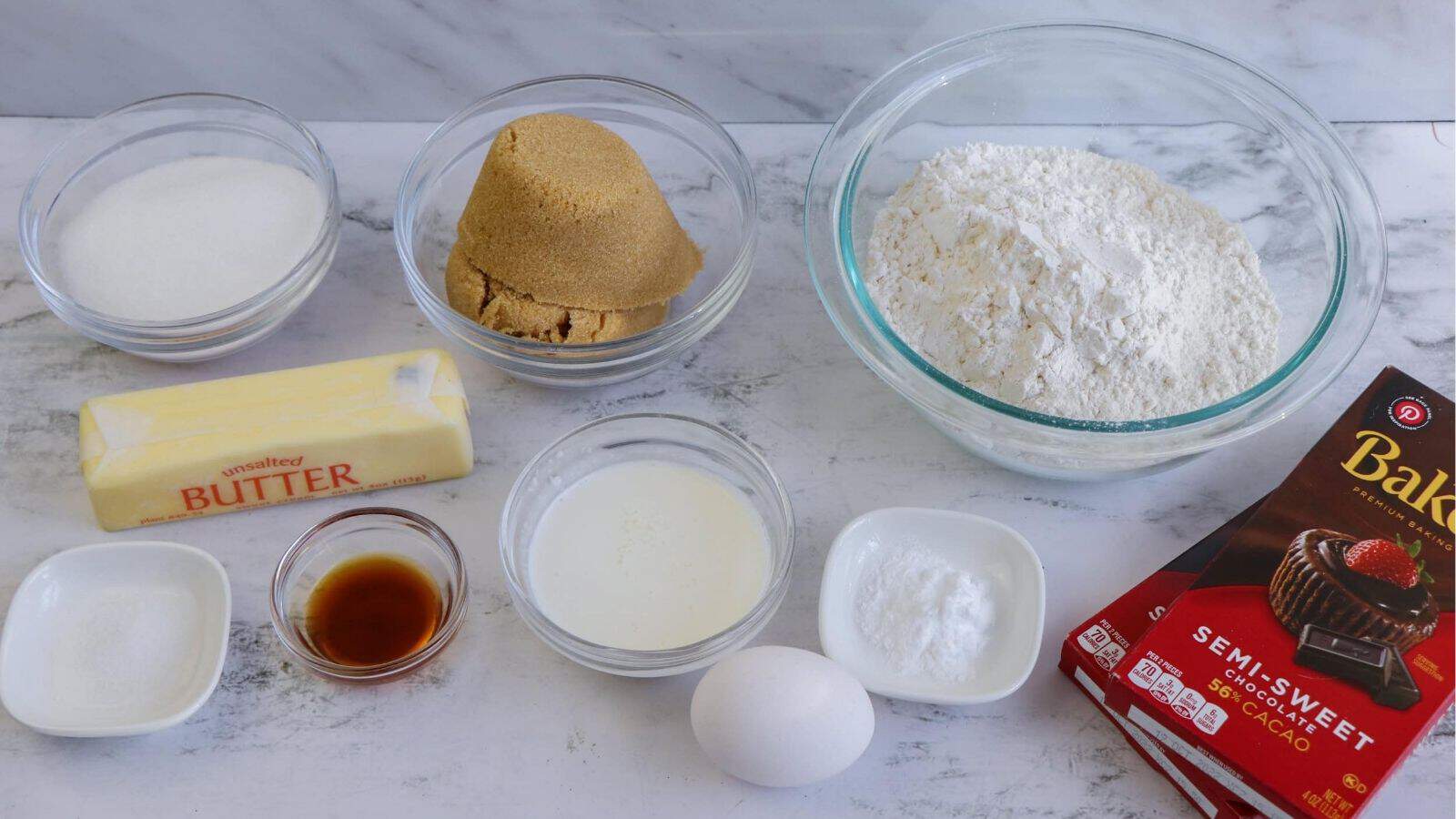 Close-up of chocolate chip skillet cookie ingredients.