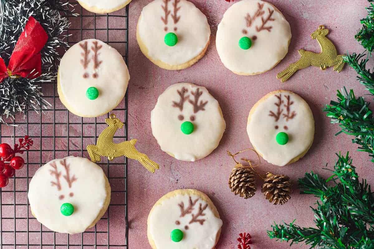 Reindeer-themed cookies decorated with icing.
