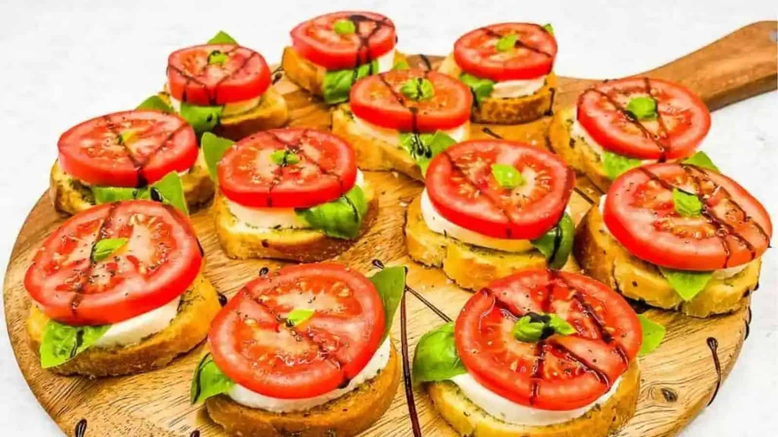 Close-up image of easy caprese appetizer on a wooden board.
