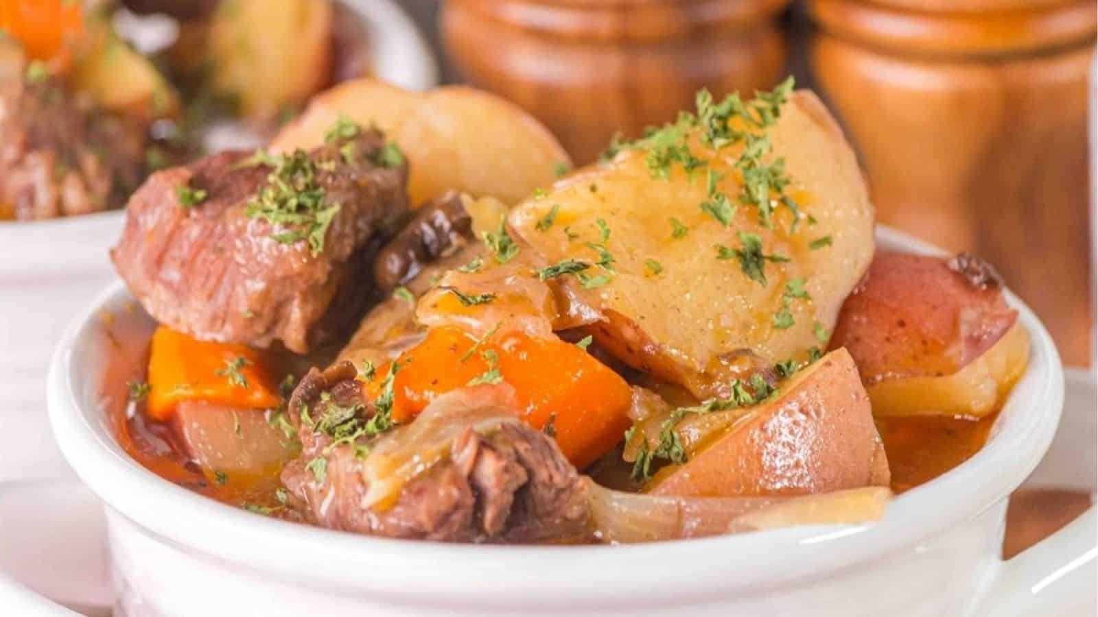 Close-up image of slow cooker beef stew in a bowl.