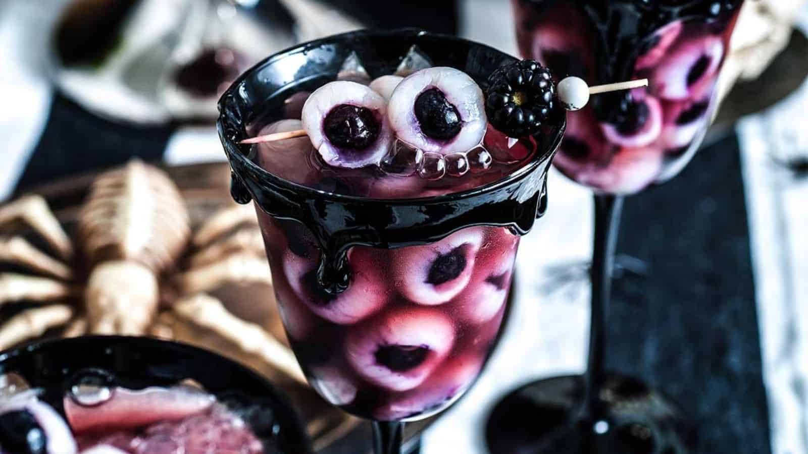 A glass of Halloween Eyeball Punch.