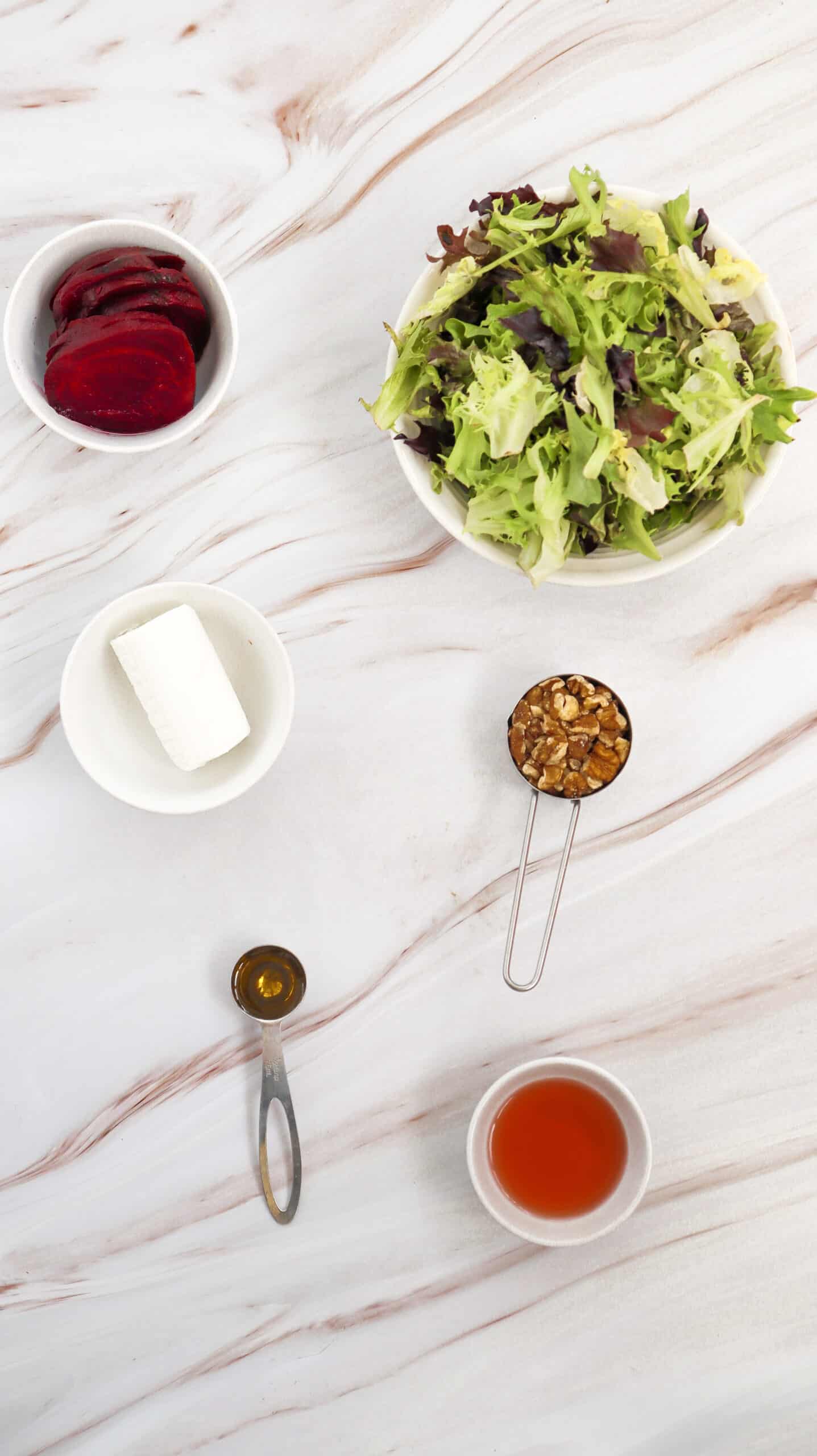 Overhead image of the ingredients for Grilled Beetroot Goat Cheese Salad.