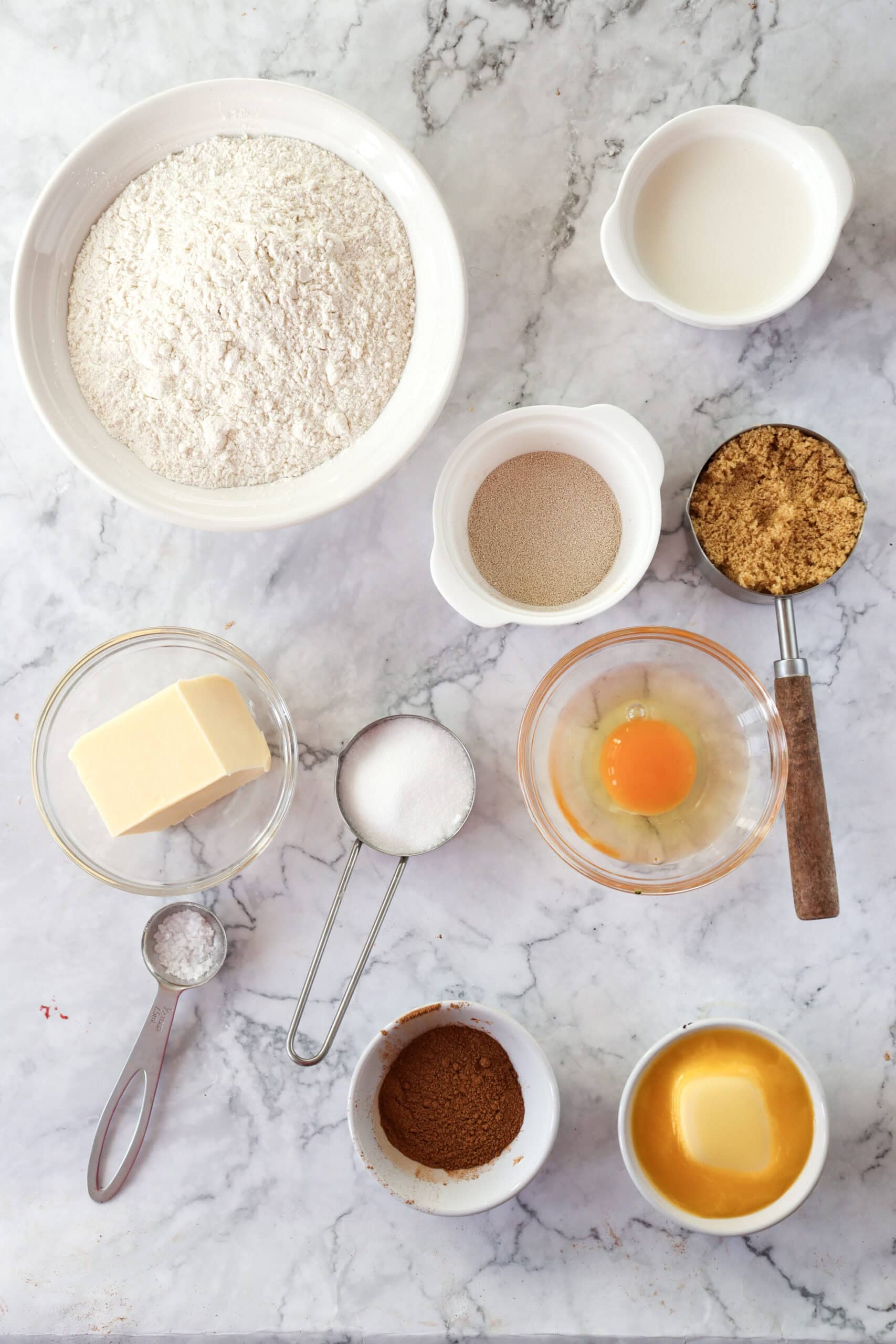 Overhead view of homemade cinnamon roll delight ingredients