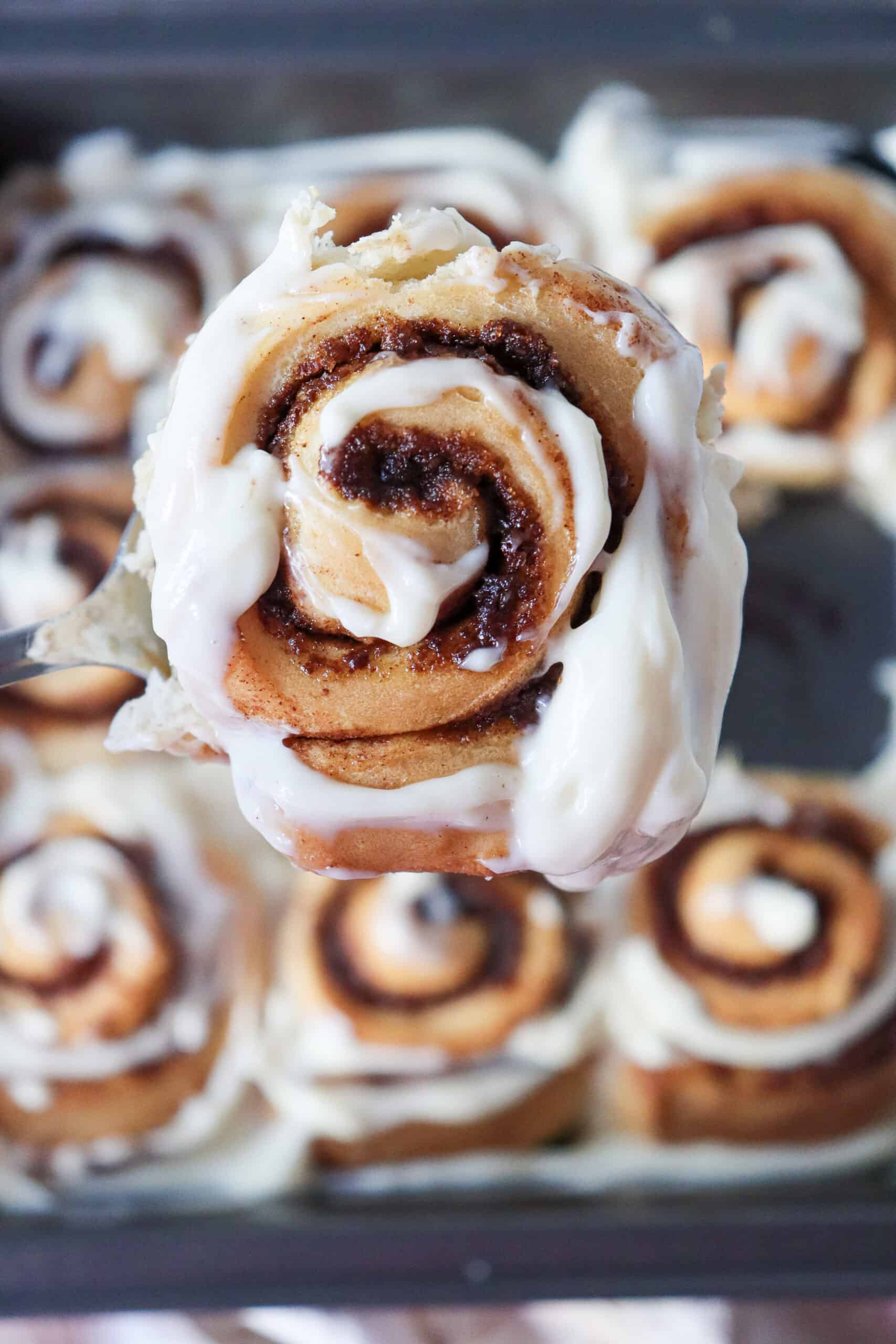 Close-up of a spoon holding a piece of cinnamon roll, with the square pan of cinnamon rolls in the background.