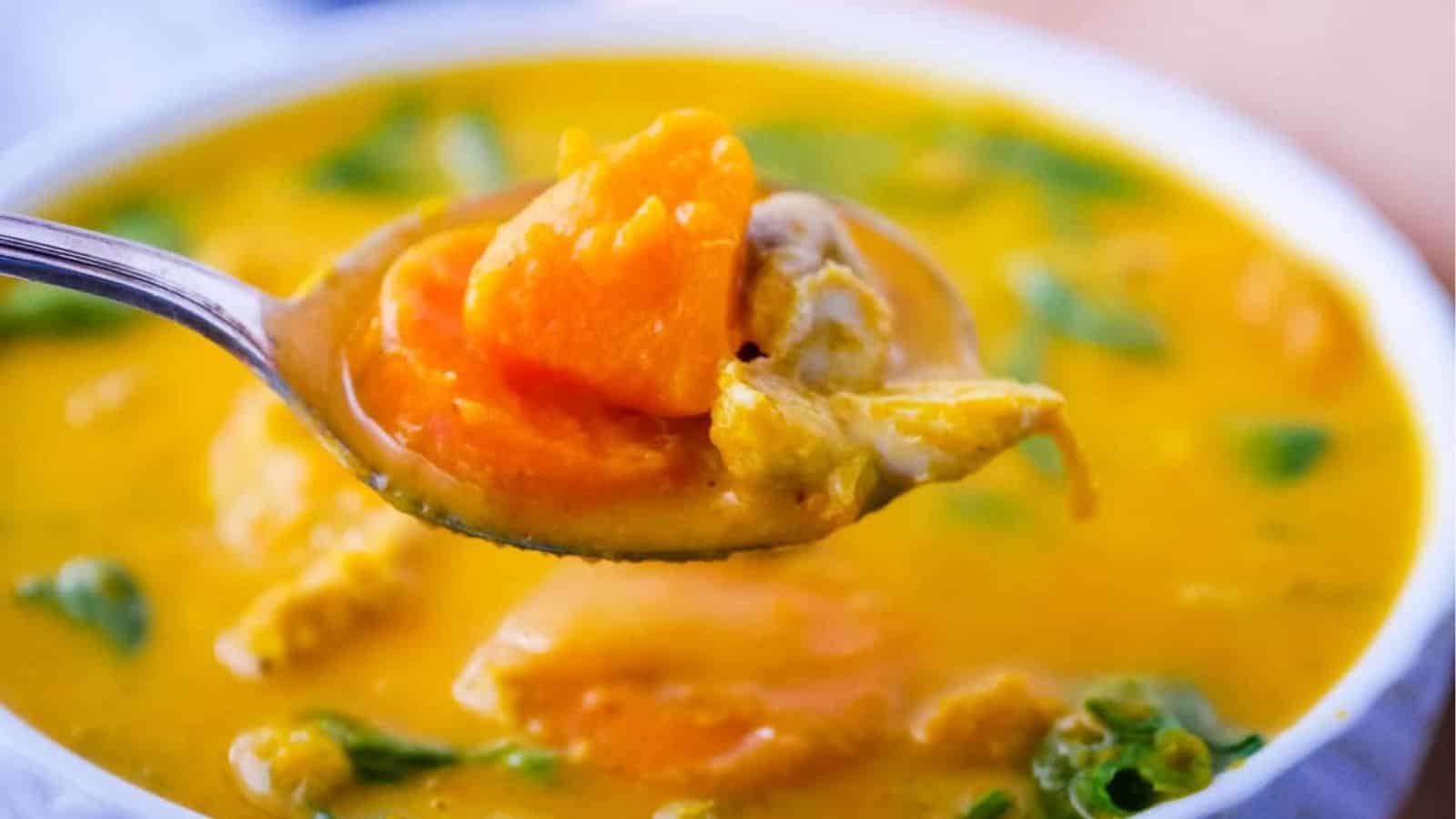 An Instant Pot recipe featuring a spoonful of chicken and squash soup.
