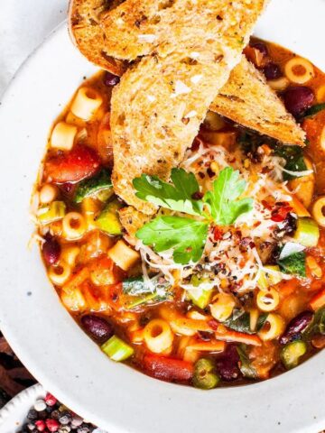 Top view of a bowl of Italian Minestrone Soup.