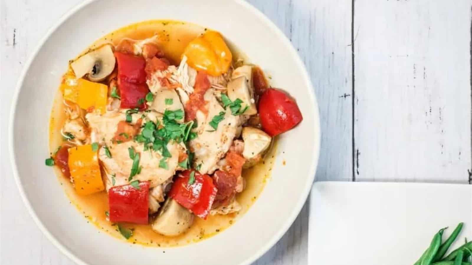 Overhead image of keto italian chicken stew on a plate.