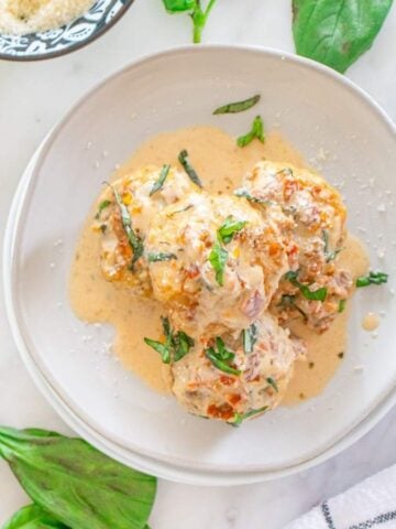 Top view of Marry Me Chicken Meatballs on a plate.