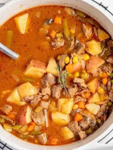 Ovverhead image of mulligan stew in a pot.