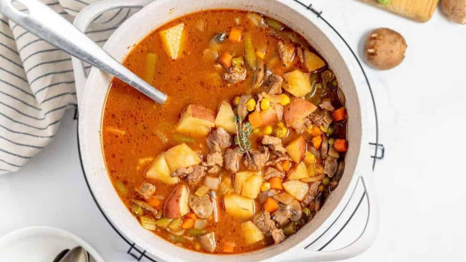 Ovverhead image of mulligan stew in a pot.