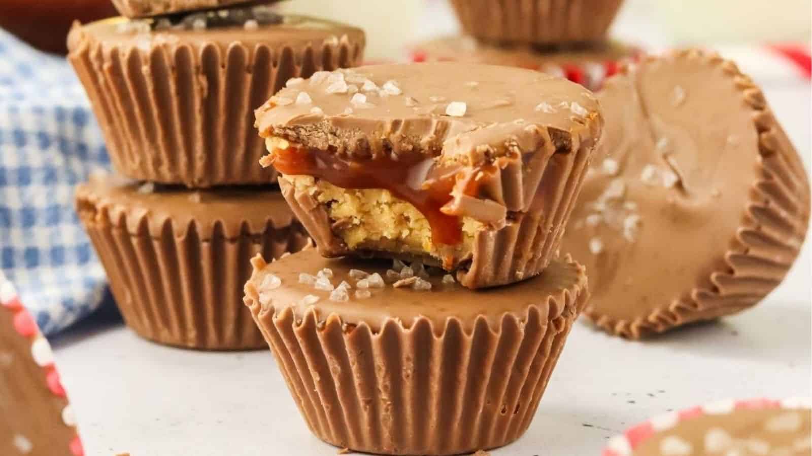 Close-up image of salted caramel peanut butter cups.