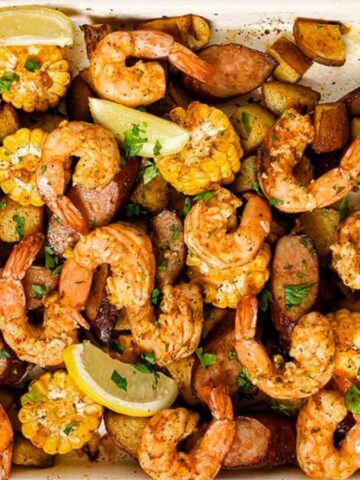 Top view of Sheet Pan Shrimp Boil.