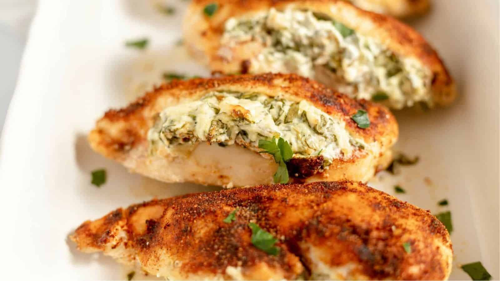 A baking dish full of stuffed chicken breasts.