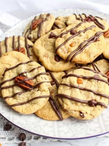 A plate of Turtle Chocolate Chip Cookies.