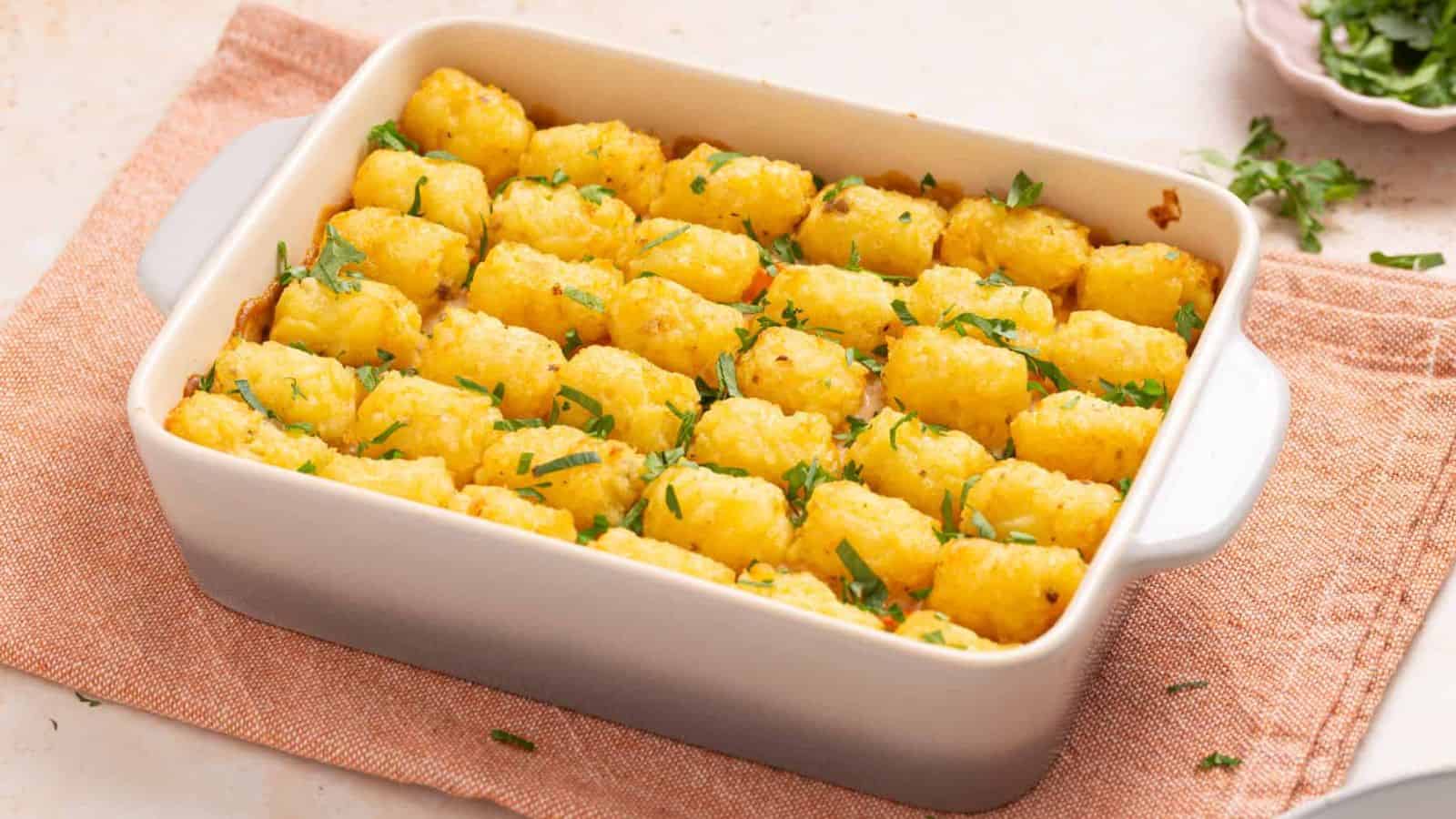 An image of a vegetarian tater tot casserole.