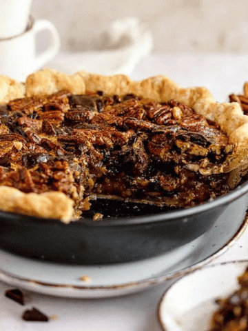 A sliced Chocolate Pecan Pie.
