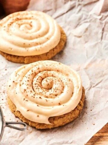 Three Copycat Crumbl Caramel Pumpkin Cookies.