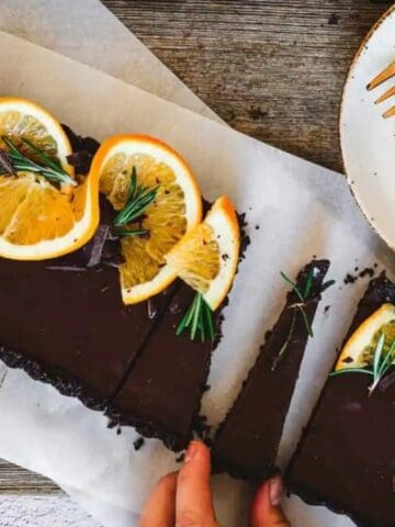 Overhead image of french chocolate orange tart.