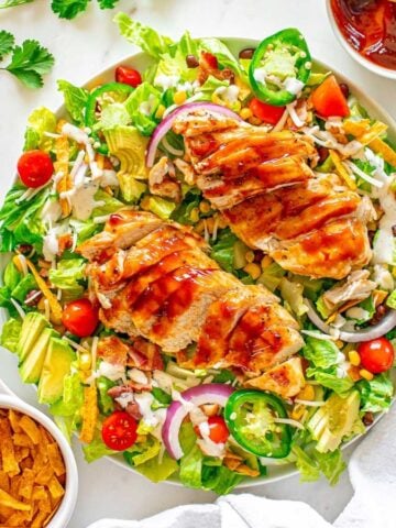 Top view of Grilled BBQ Chicken Salad.