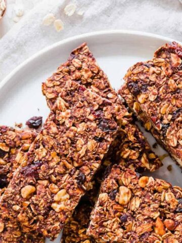 A plate of Homemade Chocolate Granola Bars.