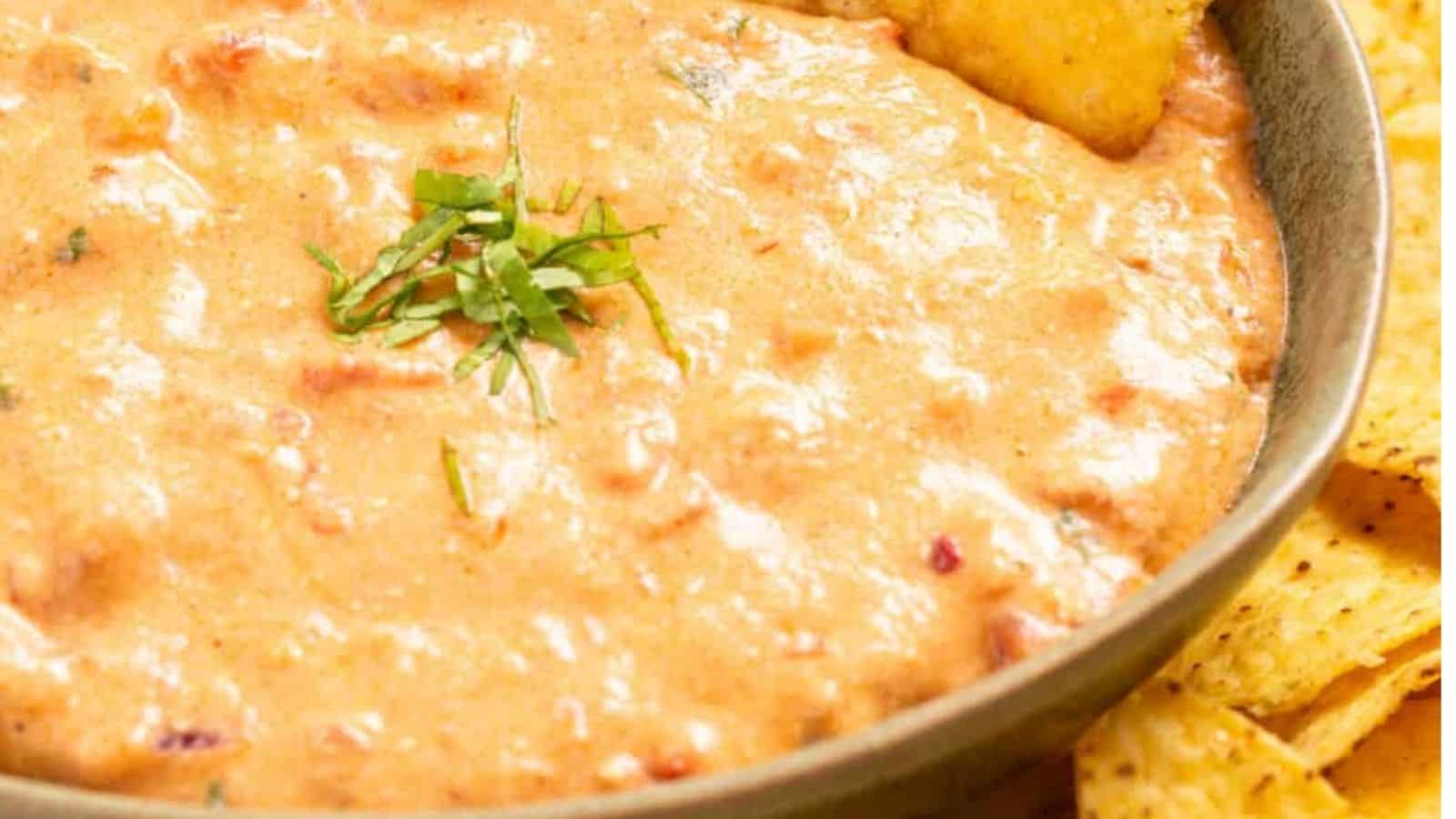 Close-up image of instant pot queso in a bowl.