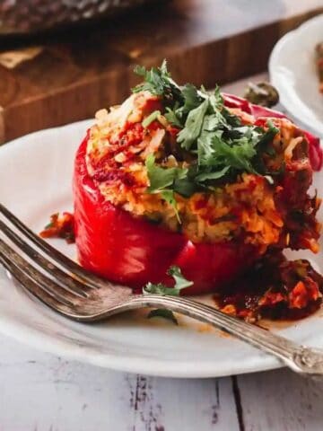 A plate of Moroccan Ground Turkey Stuffed Pepper With Rice, Cilantro And Baharat.