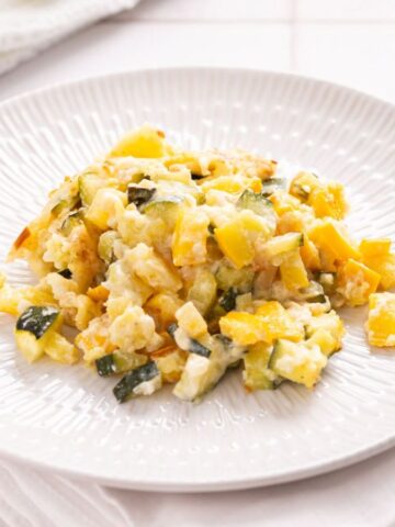 A plate of squash and zucchini casserole.