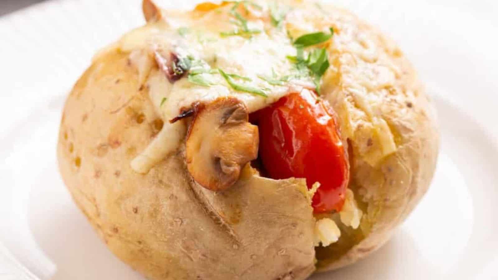 A close-up image of stuffed baked potatoes.