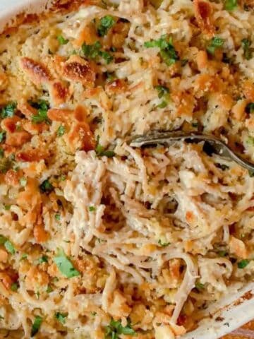 A casserole of turkey and noodles tetrazzini with a serving spoon resting in the center.
