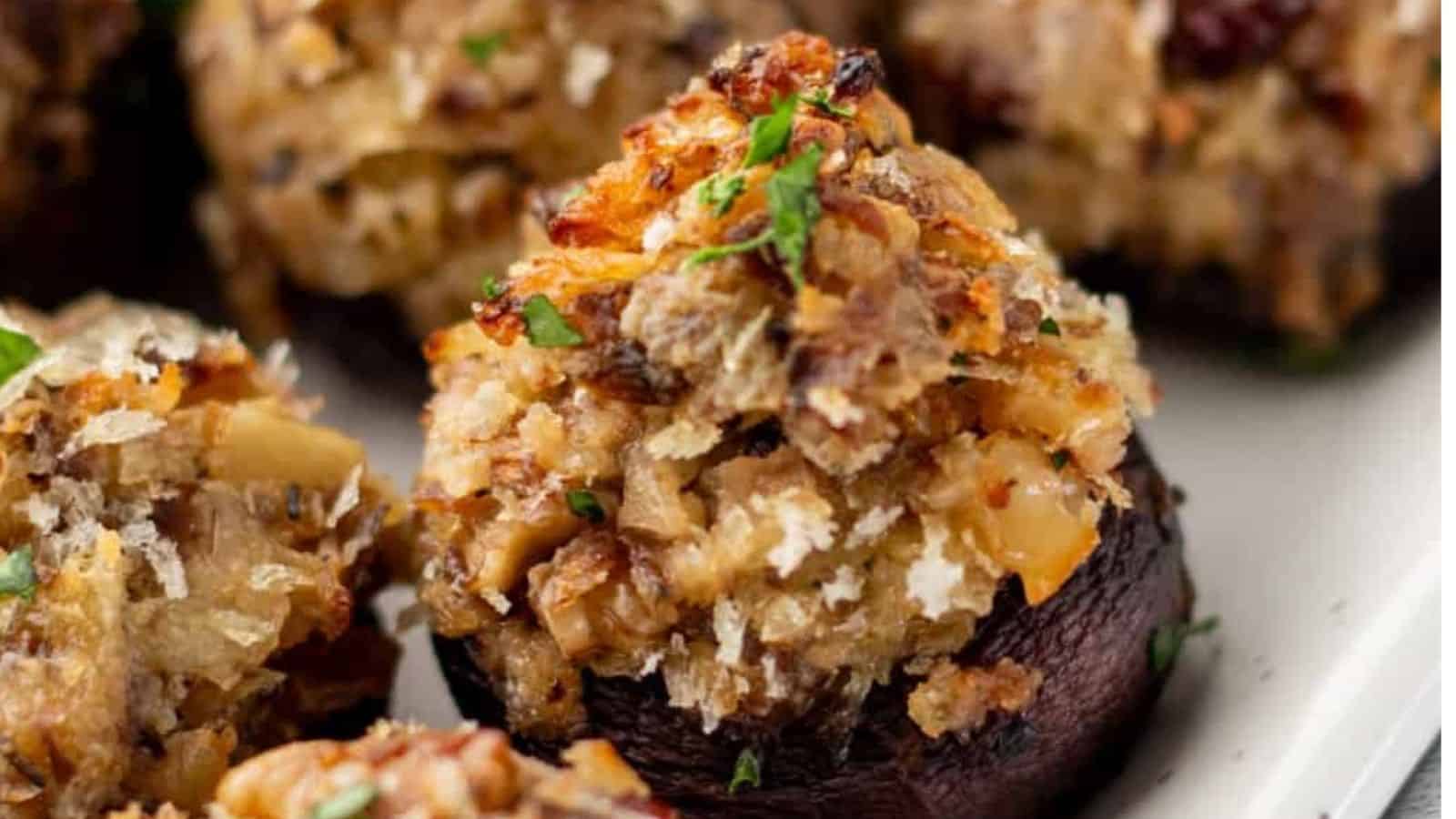 Close-up image of vegetarian stuffed mushrooms.