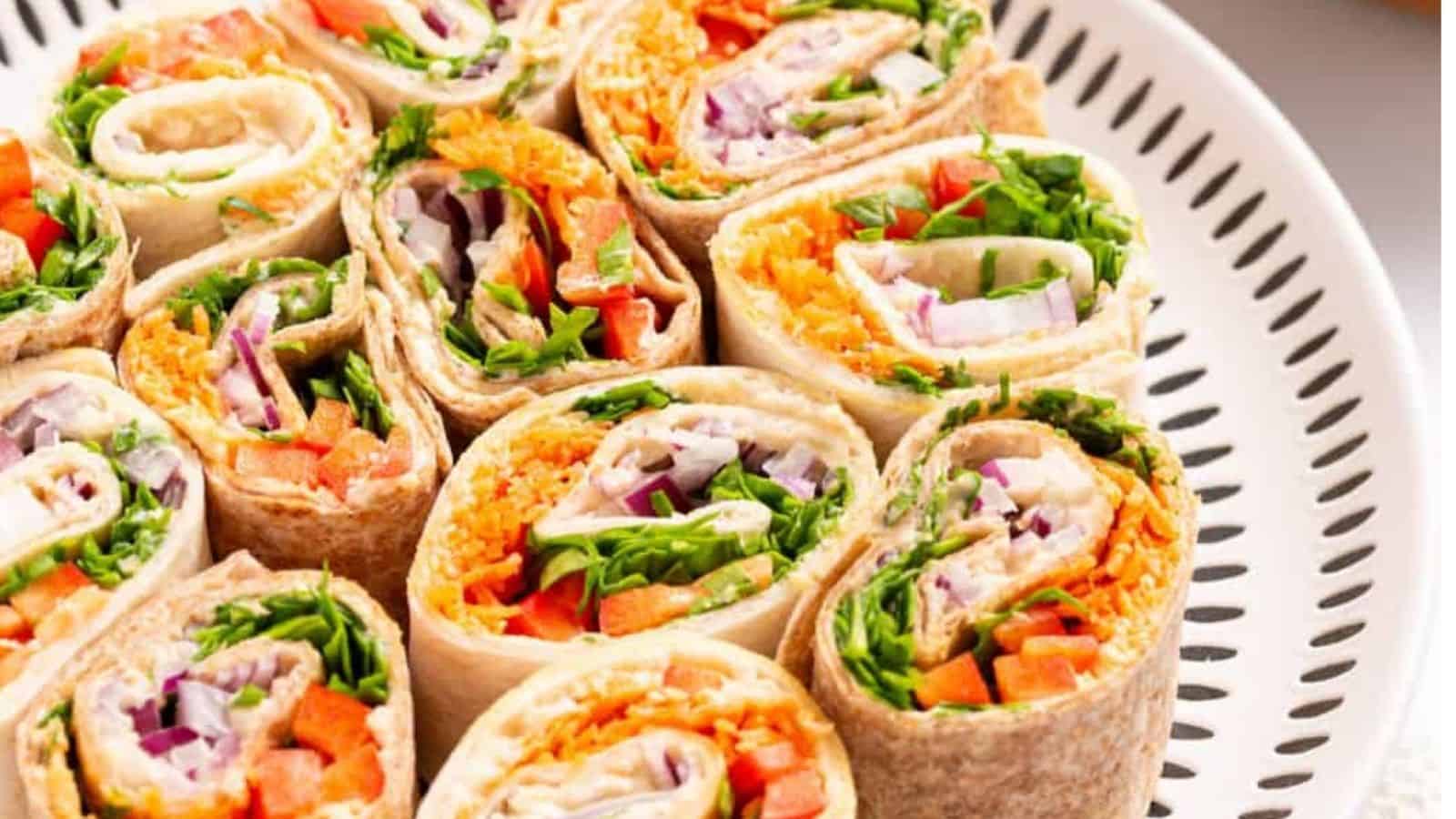 Close-up image of veggie pinwheels on a plate.