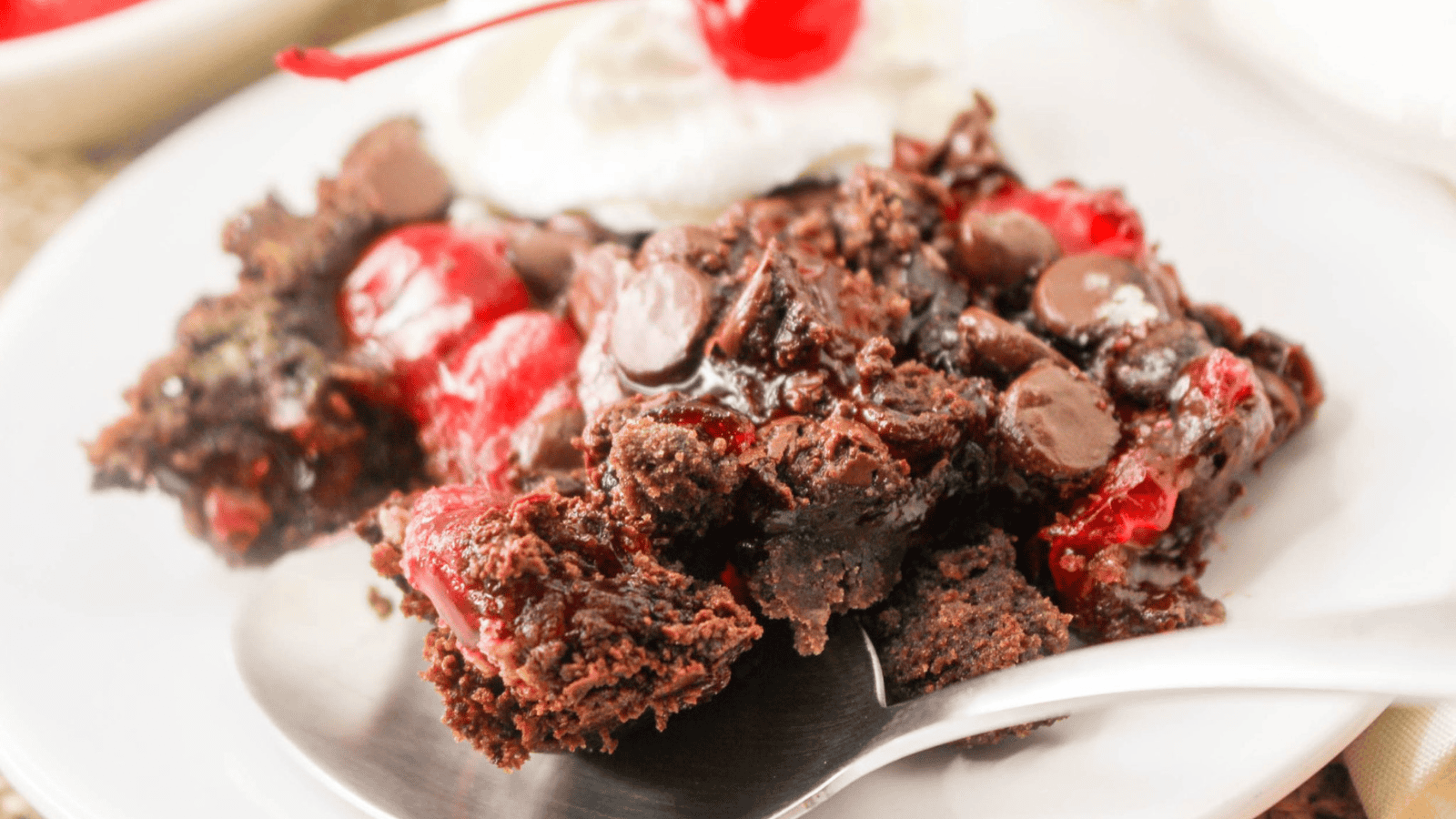 A dish with chocolate chips and cherries in it.