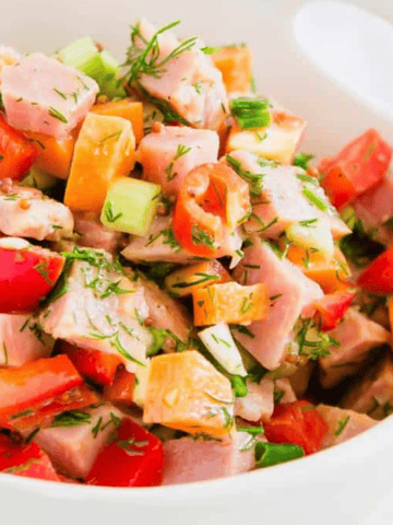 Chopped Ham Salad in a white bowl.