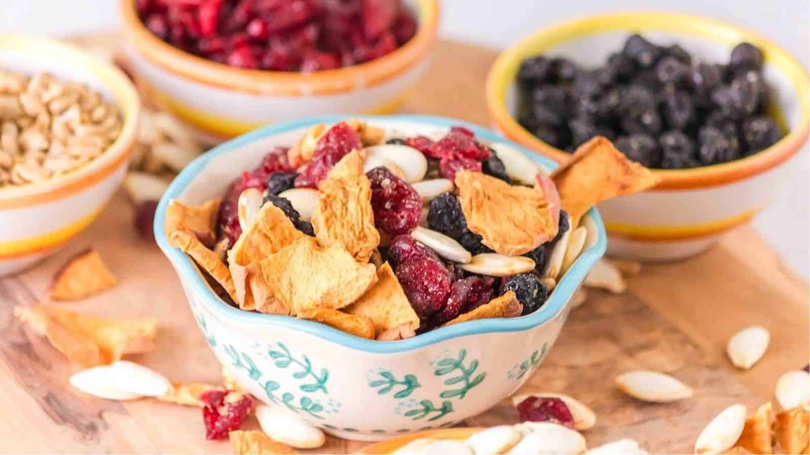 Close-up image of coastal medley trail mix in a bowl.