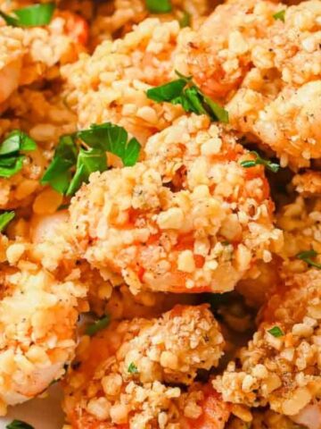 A close-up image of Easy Baked Popcorn Shrimp.