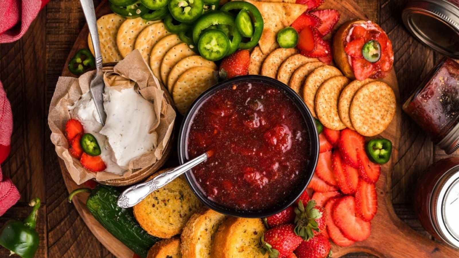Overhead image of strawberry jalapeno jam in a bowl.