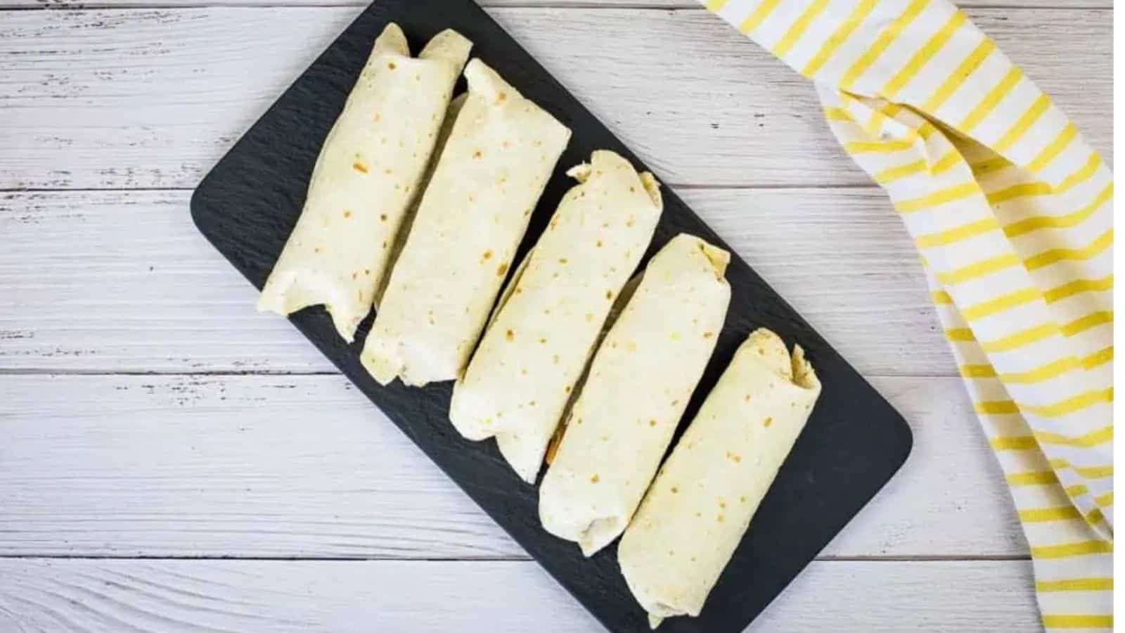 Overhead image of freezer breakfast burritos.