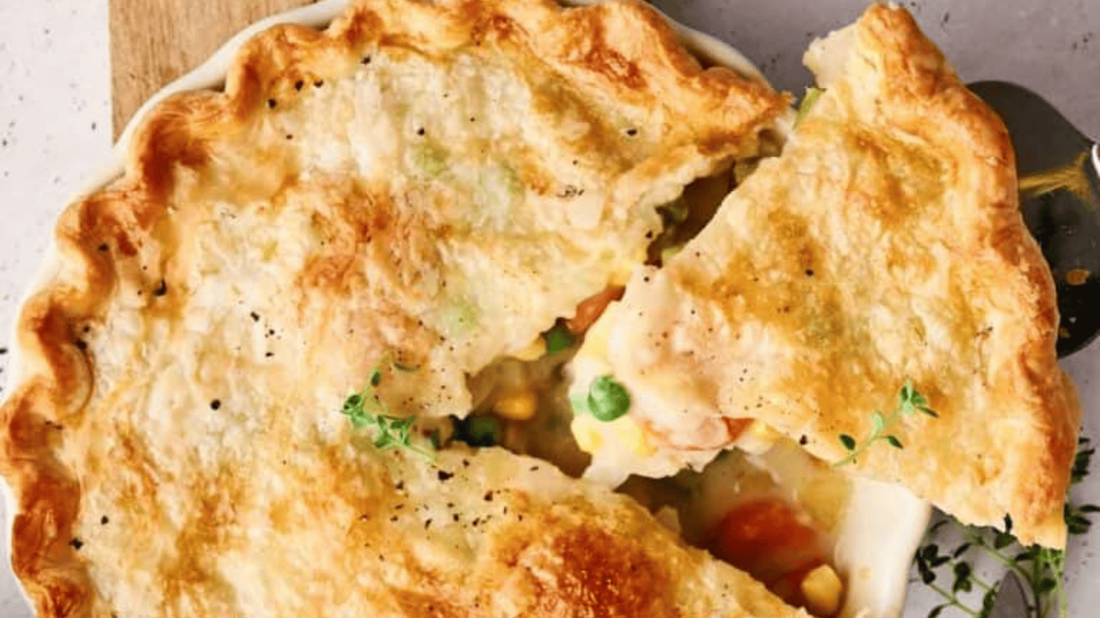 Homemade Vegan Pot Pie sliced top view.