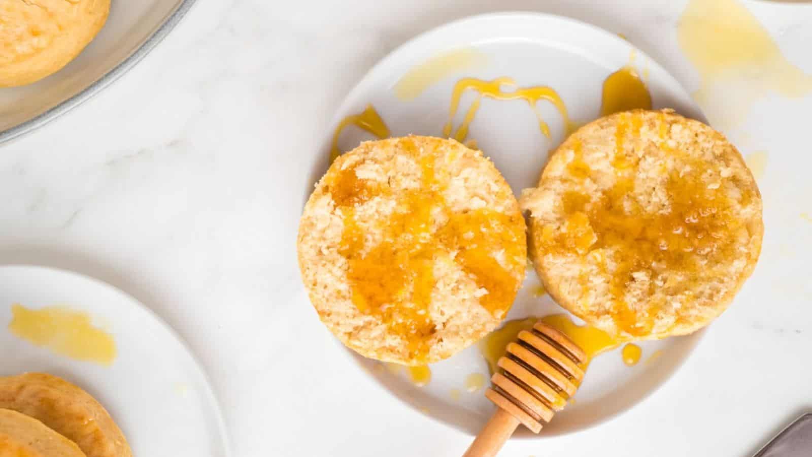 An overhead image of a stack of biscuits on a plate.