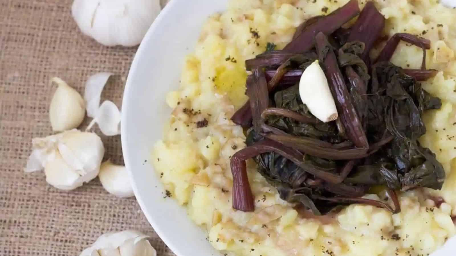 Close-up image of Mashed Potatoes with Greek Garlic Beet Greens.
