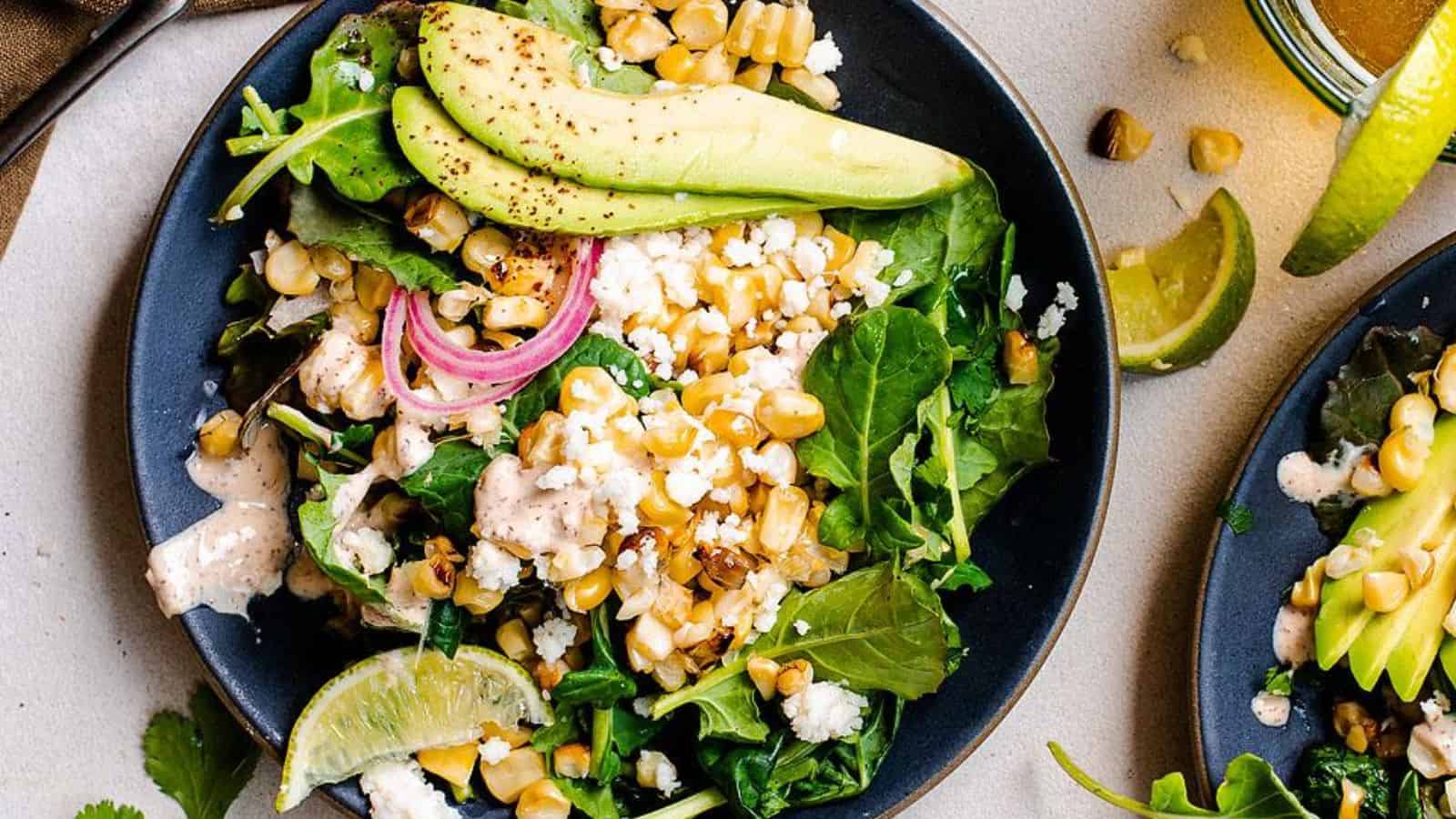 Top view of a plate of Mexican Elote Street Corn Kale Salad.