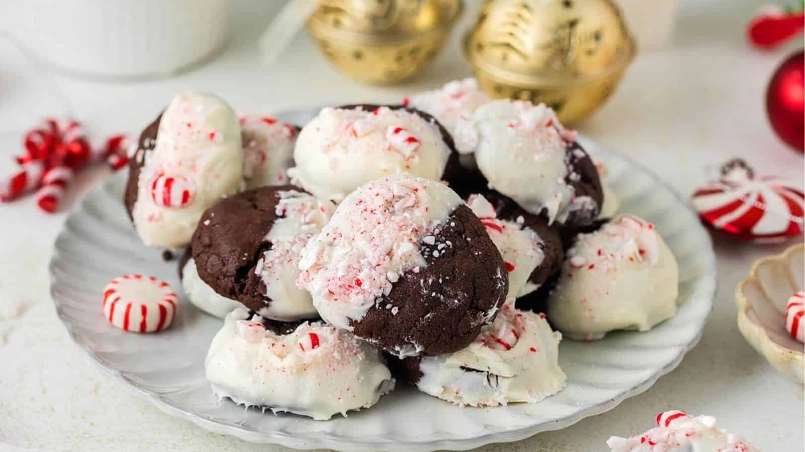 Close-up image of peppermint mocha cookies on a plate.
