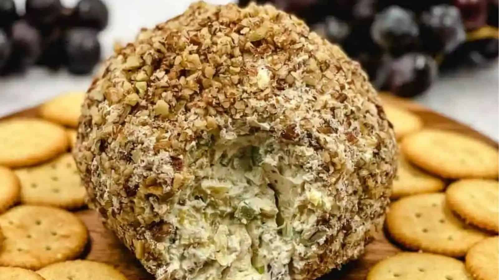 Close-up image of pineapple cheese ball.