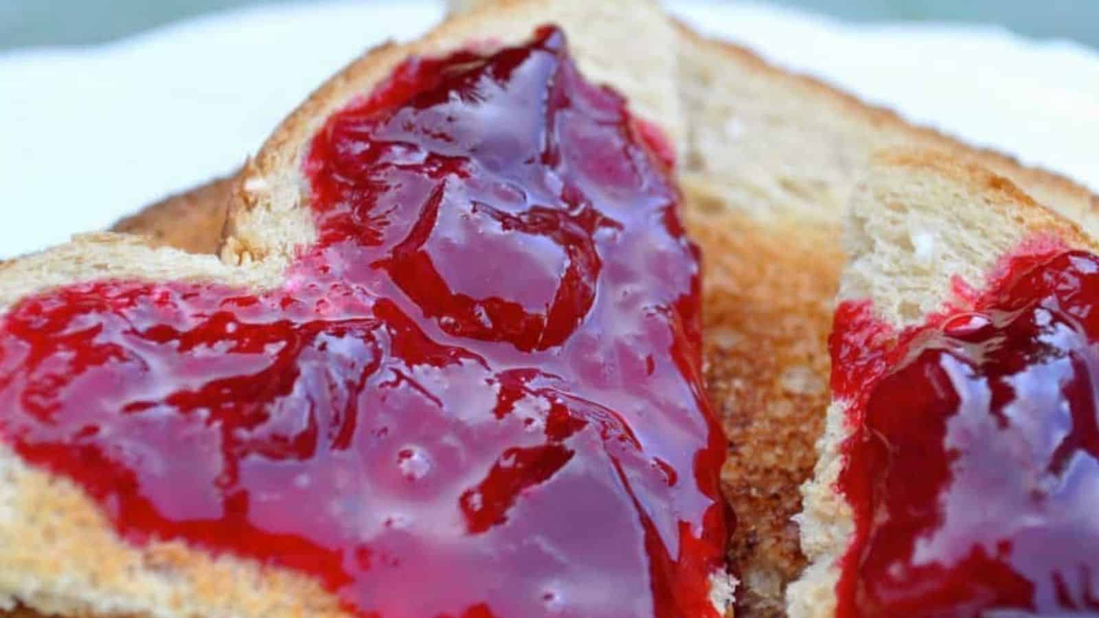 Close-up image of bread with plum and rose jam.