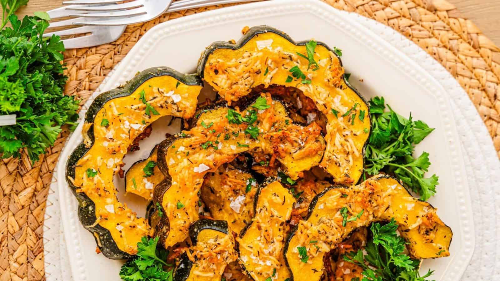 Top view of a plate of Roasted Acorn Squash.