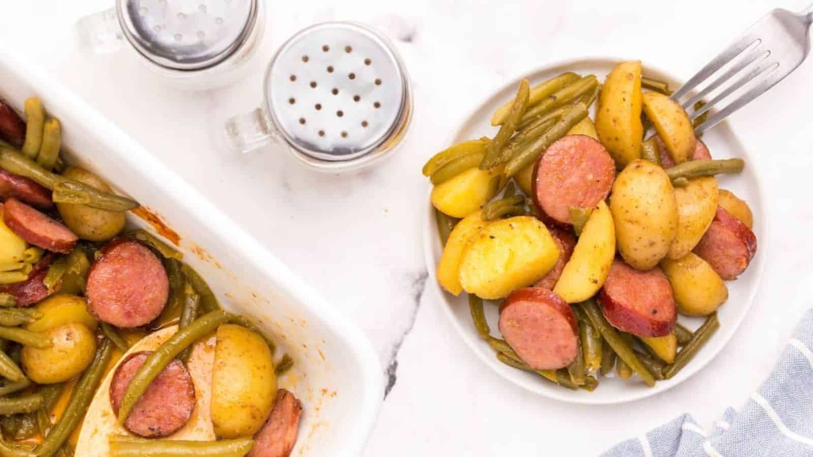 A plate of Sausage and Green Bean Casserole.