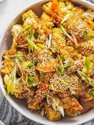 An overhead image of sesame tofu with rice on the side.