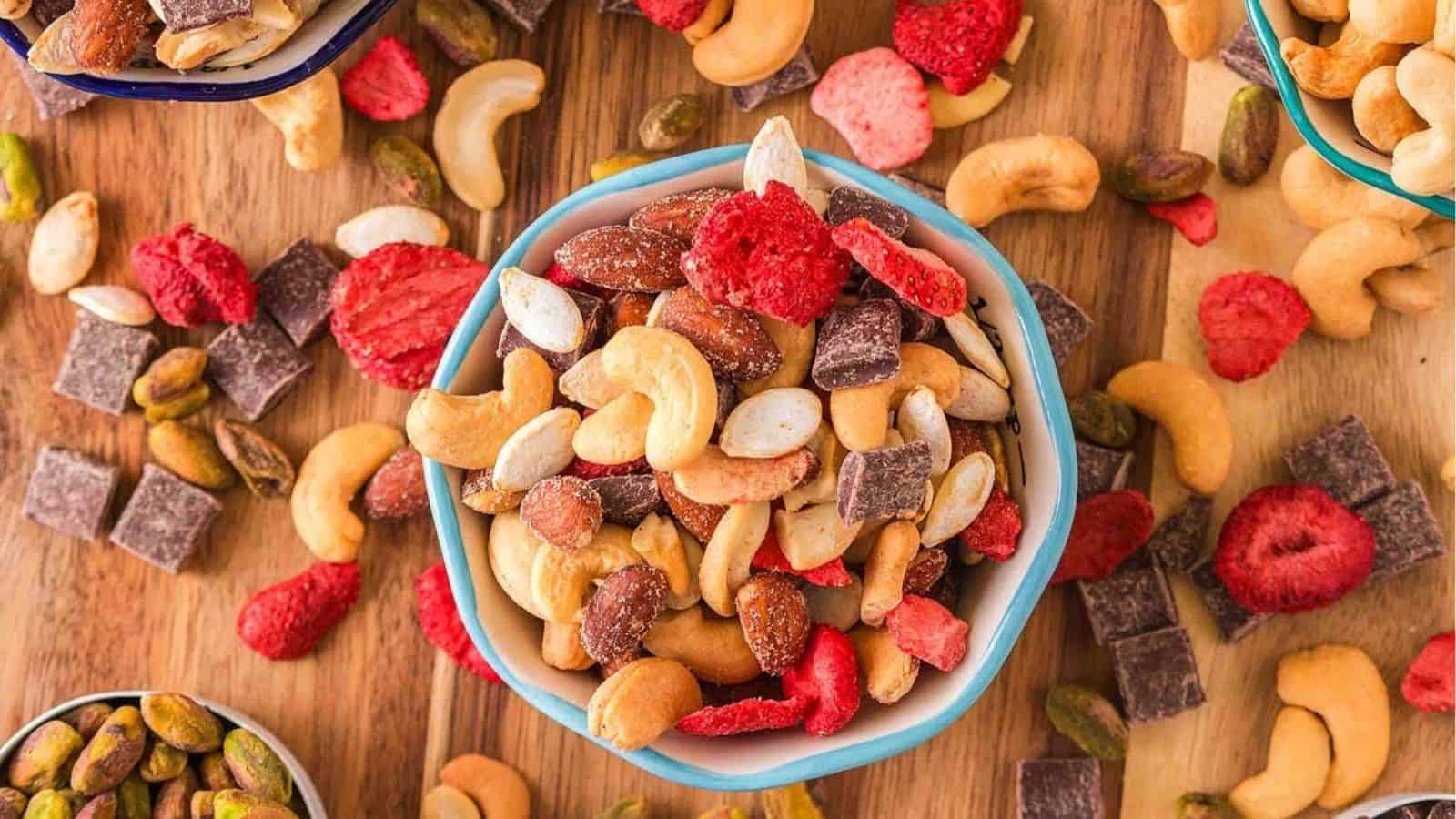 Overhead image of strawberry trail mix.